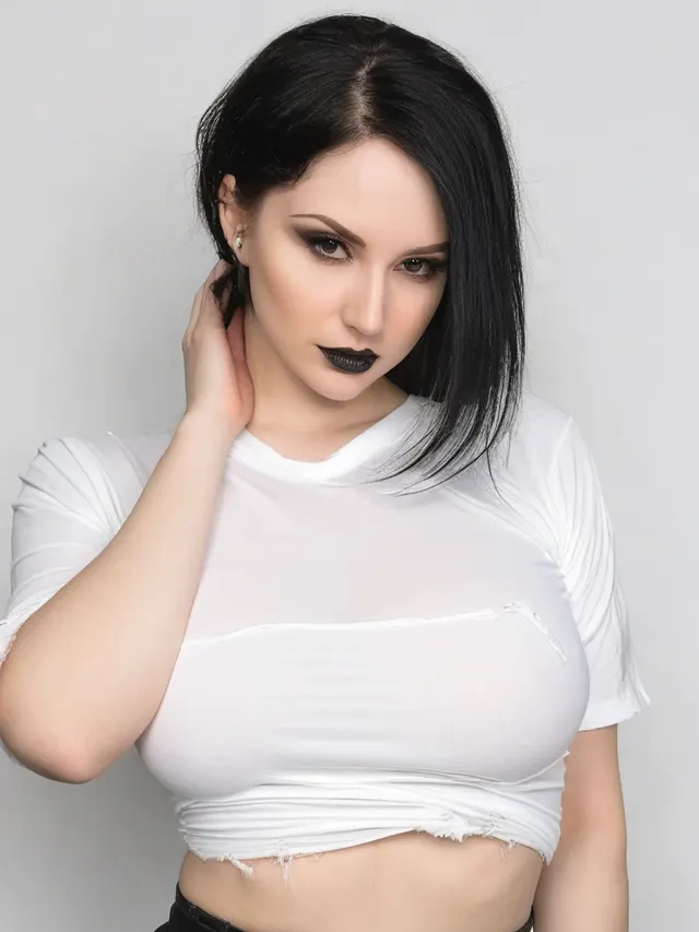 White AI girlfriend with black straight hair, curvy body