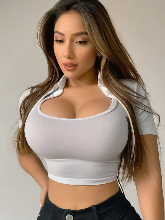 Latina AI girlfriend with light brown straight hair, curvy body